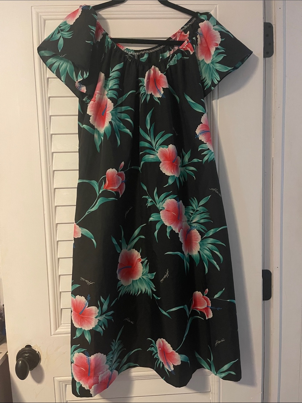 Hilo Hattie Black Off-Shoulder Dress with Pink Floral Print